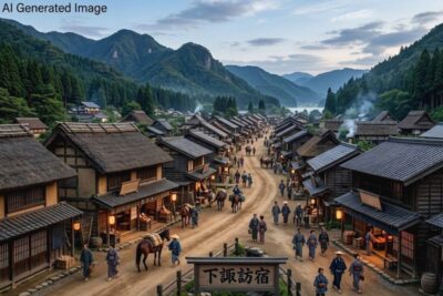 江戸時代の中山道・下諏訪宿(現在の長野県下諏訪郡下諏訪町)(画像はあくまでAIによるイメージです。史実とは異なる描写がある可能性がありますので、ご了承ください。)
