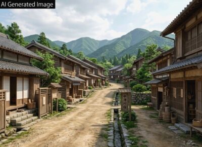 江戸時代の中山道・中津川宿(現在の岐阜県中津川市)(画像はAIによるイメージです。史実とは異なる描写がある可能性があります)