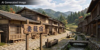 江戸時代の中山道・妻籠宿(画像はあくまでAIによるイメージです。)