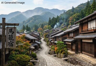 江戸時代の中山道・馬籠宿(画像はあくまでAIによるイメージです。)