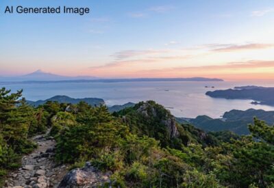 伊勢・朝熊山の頂上からの伊勢湾と、はるか遠くの富士山(画像はあくまでAIによるイメージです。実際の景色ではありません)