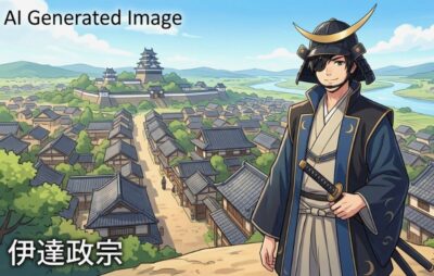 仙台藩の基礎を築いた名将・伊達政宗のイメージ(画像はあくまでAIによるイメージです。)(東北の田園地帯や農業の歴史解説)