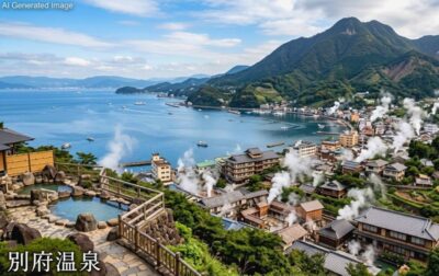 湯けむりが立ち上る大分県の別府温泉の風景イメージ
