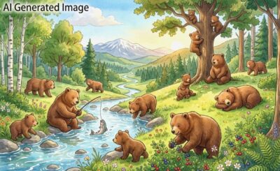 癒し用画像:北海道のクマさんたち。今回はちょっと重いテーマなので、こうした癒し用画像も入れていきます!(画像はあくまでAIによるイメージです。)(常紋峠の解説)
