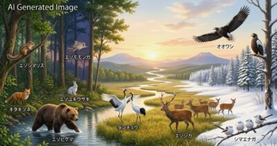 北の大地で力強く息づく野生動物たち。動物たちも、北へ行くほど体が大きくなる傾向にある。(画像はあくまでAIによるイメージです。)