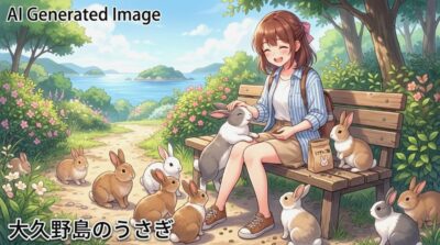 自然豊かな大久野島でのんびりと過ごす可愛らしいうさぎの姿（画像はあくまでAIによるイメージです。）