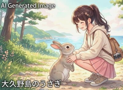 大久野島で元気に駆け回る可愛らしいうさぎ（画像はあくまでAIによるイメージです。）