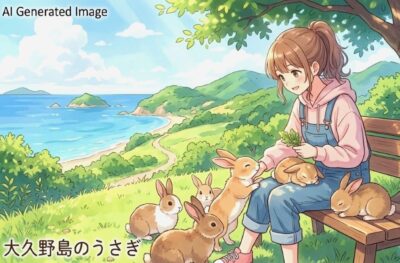 観光客の足元で穏やかに寄り添う大久野島のうさぎの様子（画像はあくまでAIによるイメージです。）