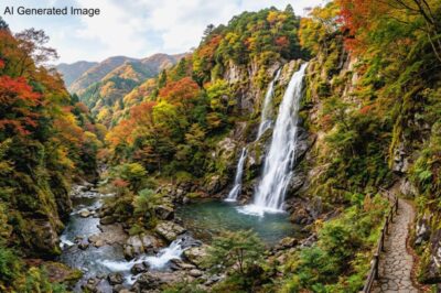 江戸時代の「養老の滝」（画像はAIによるイメージです）（鉄道唱歌：大垣関連）