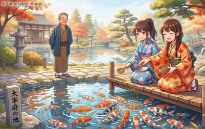 太宰府の池に鯉を呼ぶ女の子たち(画像はあくまでAIによるイメージです。実際の景色・人物等ではありませんので、ご了承ください。)