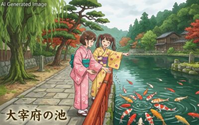 太宰府の池に鯉を呼ぶ女の子たち(画像はあくまでAIによるイメージです。)