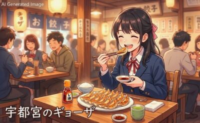 宇都宮のギョーザ(画像はあくまでAIによるイメージです。実物とは無関係です。)(鉄道唱歌:宇都宮→西那須野・塩原関連)