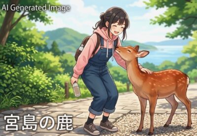 宮島のシカ(画像はあくまでAIによるイメージです。)(鉄道唱歌:宮島へ向かう旅)