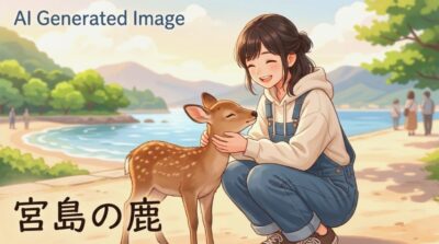 宮島のシカ(画像はあくまでAIによるイメージです。)(鉄道唱歌:宮島へ向かう旅)