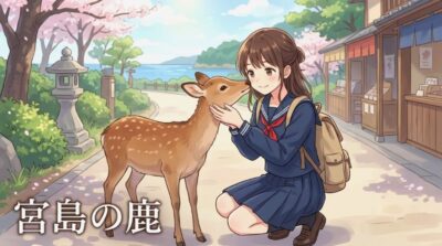 宮島のシカ(画像はあくまでAIによるイメージです。)(鉄道唱歌:宮島へ向かう旅関連)