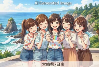 日南の海の観光(画像はあくまでAIによるイメージです。)(鉄道唱歌 宮崎編の地理・歴史解説)