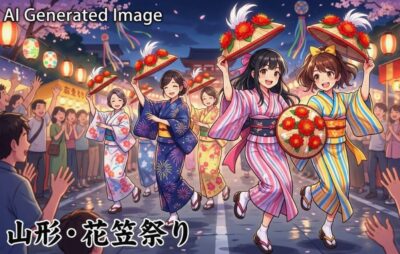 山形の花笠まつりのイメージ(画像はあくまでAIによるイメージです。)(銀山温泉関連)