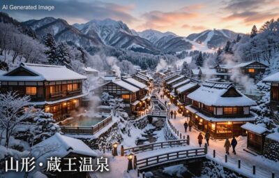 山形の蔵王温泉（画像はあくまでAIによるイメージです。）（鉄道唱歌　山形編）