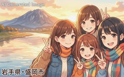 岩手県盛岡市の観光と、北上川・岩手山(岩手富士)のイメージ(画像はあくまでAIによるイメージです。実際の景色・人物等ではありません)