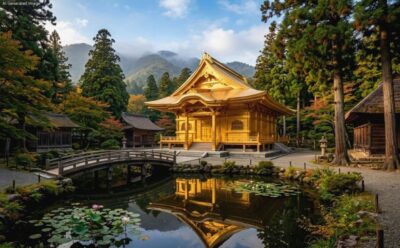 平安時代・奥州藤原氏の時代の中尊寺金色堂(画像はあくまでAIによるイメージです。史実とは異なる描写がある可能性がありますので、ご了承ください。)(鉄道唱歌:平泉関連)