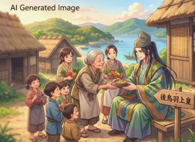 隠岐で現地の人々にもてなされる後鳥羽上皇（画像はAIによるイメージです）