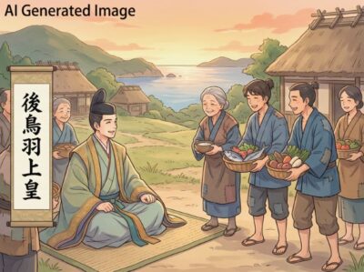 隠岐で現地の人々にもてなされる後鳥羽上皇（画像はAIによるイメージです）