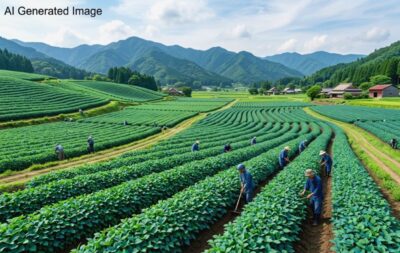 徳島県の藍畑(画像はあくまでAIによるイメージです。実際の景色等ではありませんので、ご了承ください。)