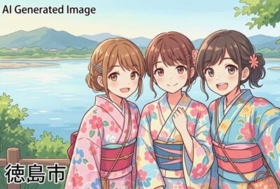 徳島市の観光(吉野川など)(画像はあくまでAIによるイメージです。実際の景色・人物等ではありませんので、ご了承ください。)