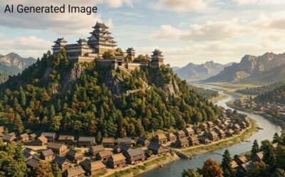 戦国時代の金華山城（画像はAIによるイメージです）（鉄道唱歌：名古屋・岐阜関連）