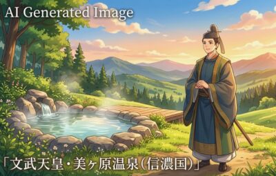 文武天皇と美ヶ原温泉（画像はあくまでAIによるイメージです。史実とは異なる描写がある可能性がありますので、ご了承ください。）