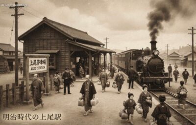 明治時代の上尾駅(画像はあくまでAIによるイメージです。史実とは異なる描写がある可能性がありますので、ご了承ください。)