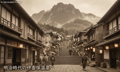 明治時代の伊香保温泉と榛名山（画像はあすまでAIによるイメージです。史実とは異なる描写がある可能性がありますので、ご了承ください。）