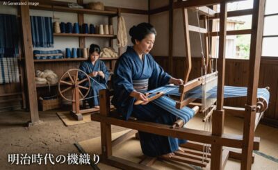 明治時代の機織り（はたおり）のイメージ（画像はあくまでAIによるイメージです。）（桑畑・養蚕・製糸等関連）