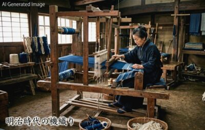 伝統的な「機織り(はたおり)」のイメージ(画像はあくまでAIによるイメージです。)(両毛線や群馬県の歴史関連)