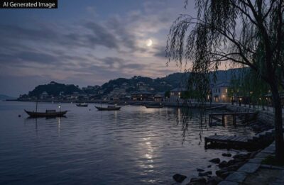 明治時代の神戸の夜「柳にかすむ月の影」のイメージ。夜が明けたら、そのまま山陽線の旅へ。(画像はあくまでAIによるイメージです。)