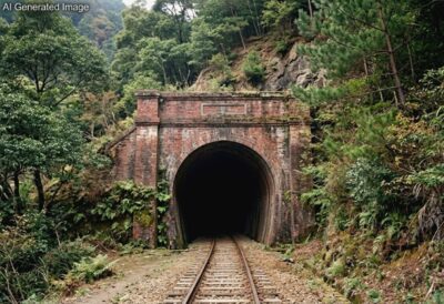 明治時代の逢坂山トンネル(画像はあくまでAIによるイメージです。史実とは異なる描写がある可能性がありますので、ご了承ください。)(鉄道唱歌の旅)