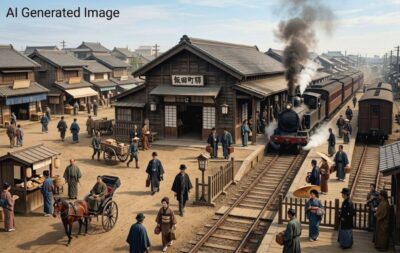 明治時代の飯田町駅(現在の飯田橋駅)(画像はあくまでAIによるイメージです。実際の歴史的建造物・景観とは異なる場合がありますので、ご了承ください。)(中央線鉄道唱歌の解説)