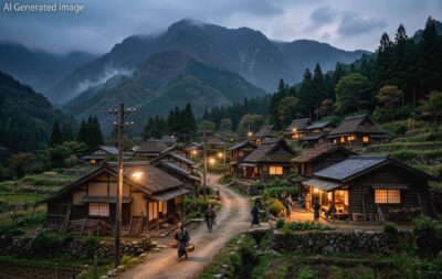 明治時代、電灯がともる中津川の町並み(画像はあくまでAIによるイメージです。)