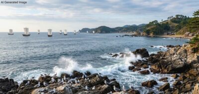 明治時代の常磐線（磐城線）・海の景色（画像はAIによるイメージです）