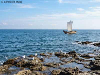 明治時代の常磐線（磐城線）・海の景色（画像はAIによるイメージです）