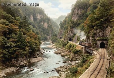 明治時代の古虎渓・玉野峡谷・愛岐トンネル群(画像はあくまでAIによるイメージです。史実とは異なる描写がある可能性がありますので、ご了承ください。)