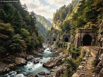 明治時代の愛岐トンネル群・古虎渓・玉野峡谷(画像はあくまでAIによるイメージです)(鉄道唱歌:多治見→高蔵寺関連)