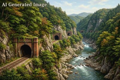 明治時代の愛岐トンネル群・古虎渓・玉野峡谷(画像はあくまでAIによるイメージです)(鉄道唱歌:多治見→高蔵寺関連)