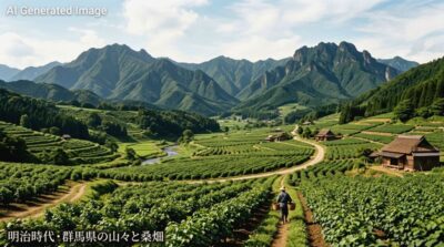 明治時代・群馬県の山々と桑畑（画像はあくまでAIによるイメージです。実際の景色ではありません）