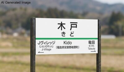 木戸駅(画像はAIによるイメージです。実物・実際の景色ではありません)(鉄道唱歌:浪江→いわき関連)