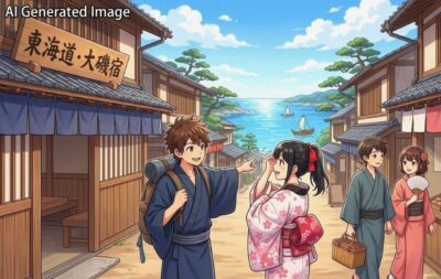 江戸時代の東海道・大磯宿(画像はあくまでAIによるイメージです。)