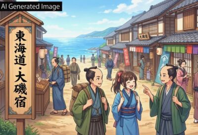 江戸時代の東海道・大磯宿(画像はあくまでAIによるイメージです。)