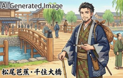 松尾芭蕉と千住大橋（画像はあくまでAIによるイメージです。）