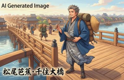 松尾芭蕉と千住大橋（画像はあくまでAIによるイメージです。）