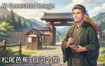 松尾芭蕉と「白河の関」（現在の福島県白河市）（画像はあくまでAIによるイメージです。史実とは異なる描写がある可能性がありますので、ご了承ください。）